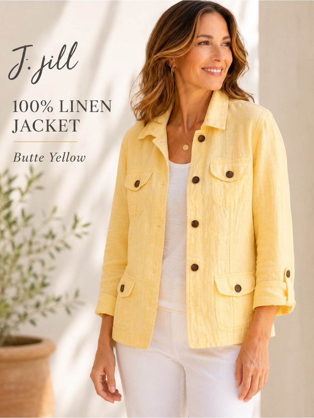 J. Jill Butter Yellow 100% Linen Button-Front Jacket large